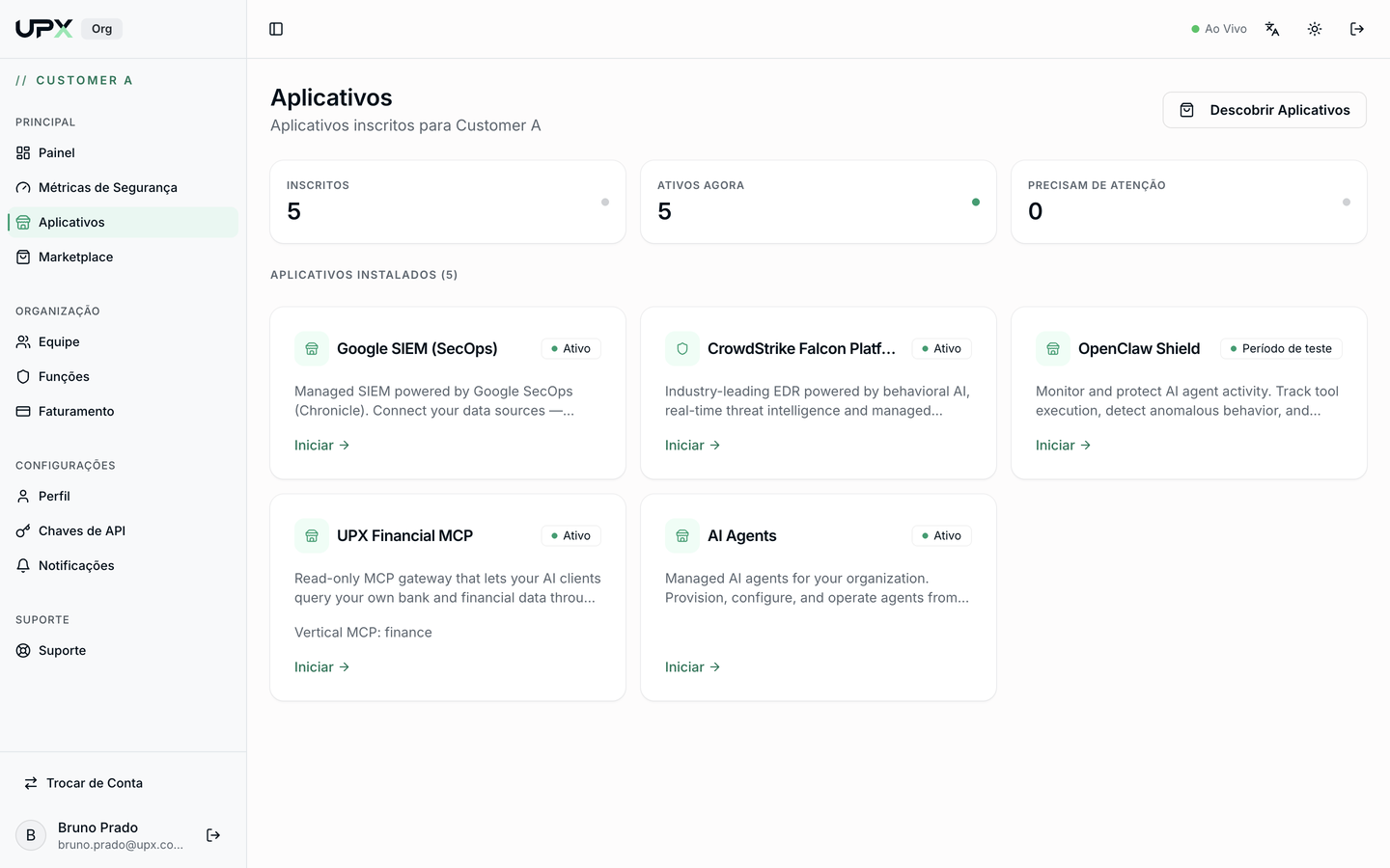 Lista de aplicativos inscritos com o card UPX Financial MCP