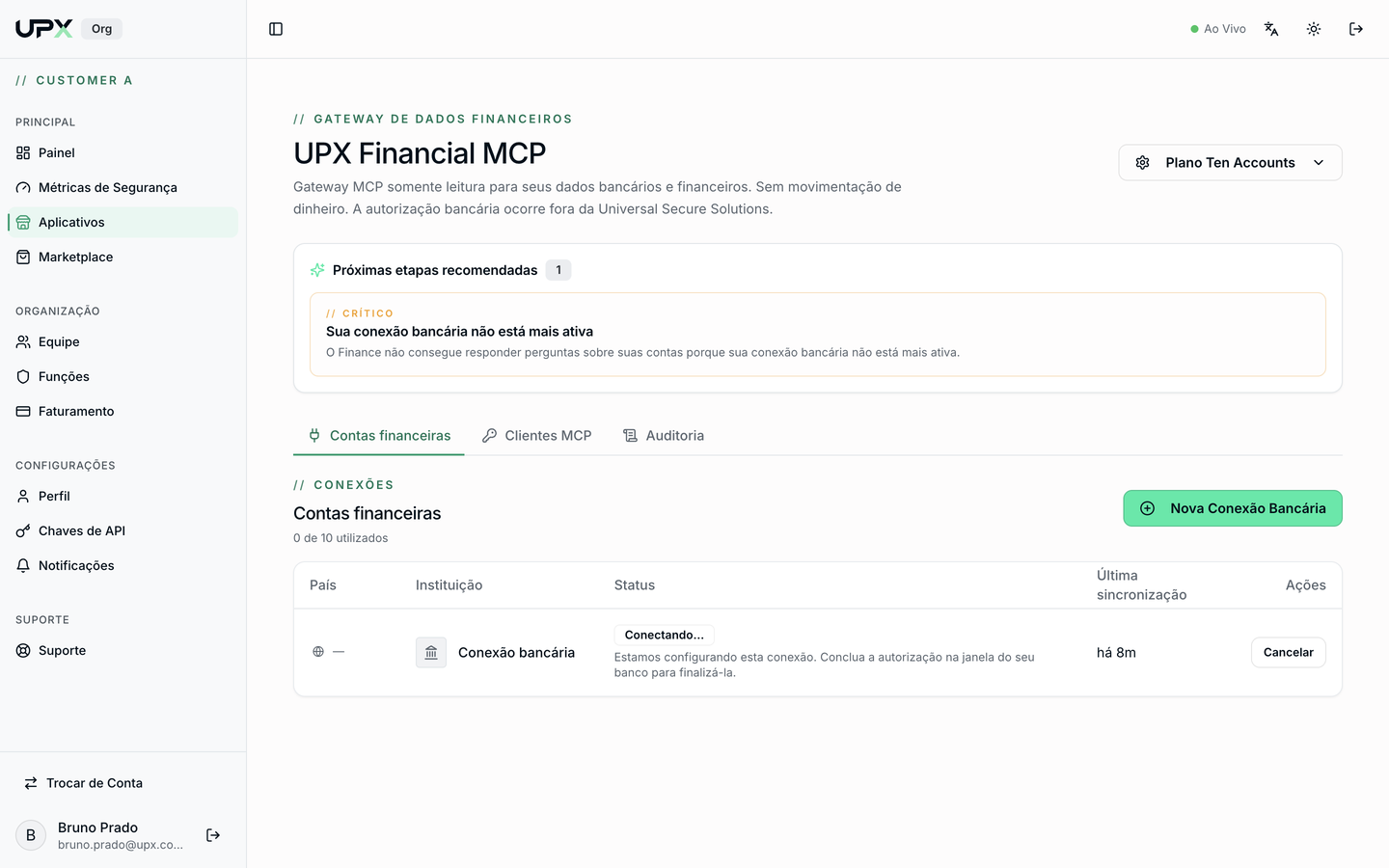 Tela inicial do app UPX Financial MCP no Portal UPX