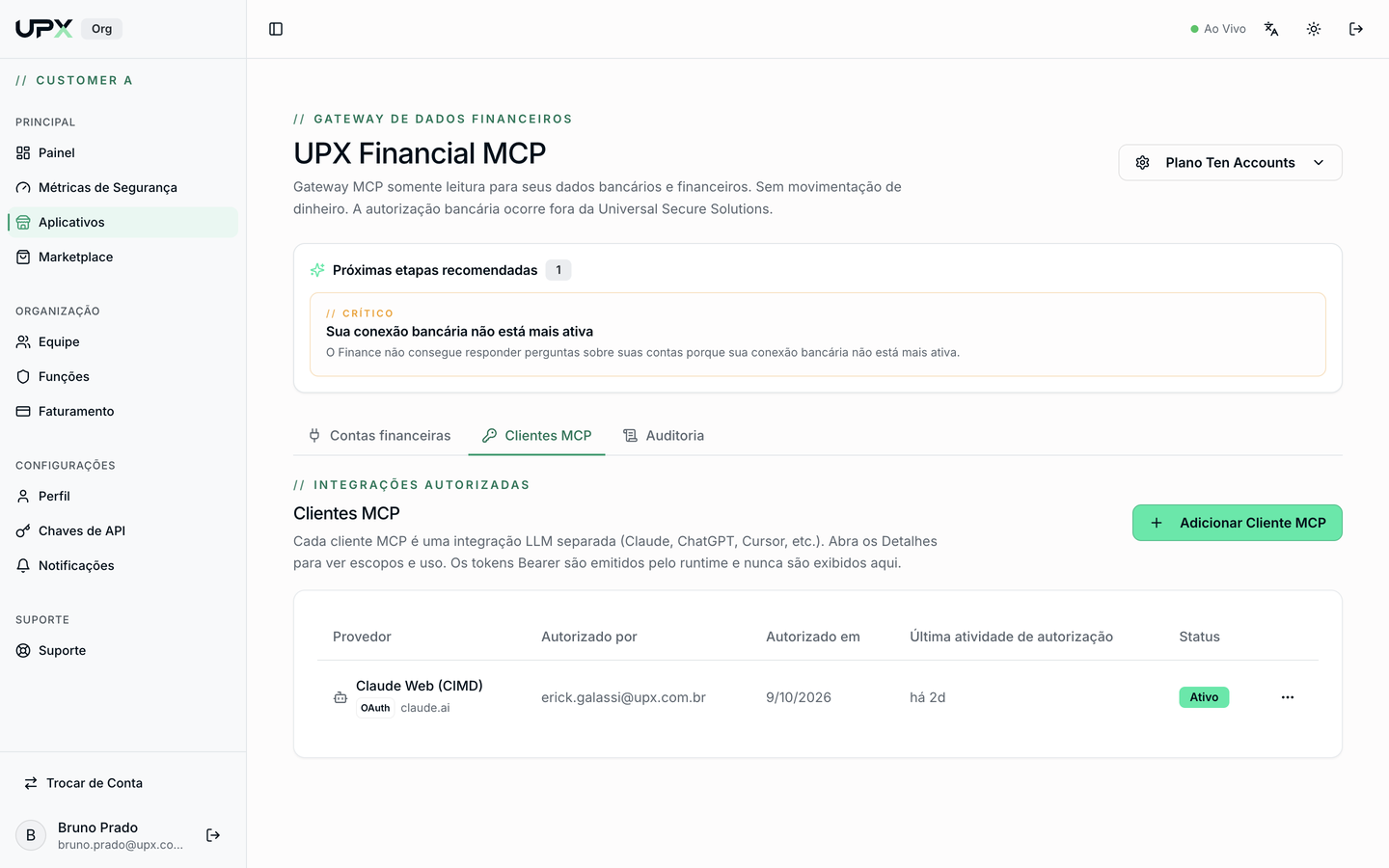 Aba Clientes MCP com um cliente Claude autorizado