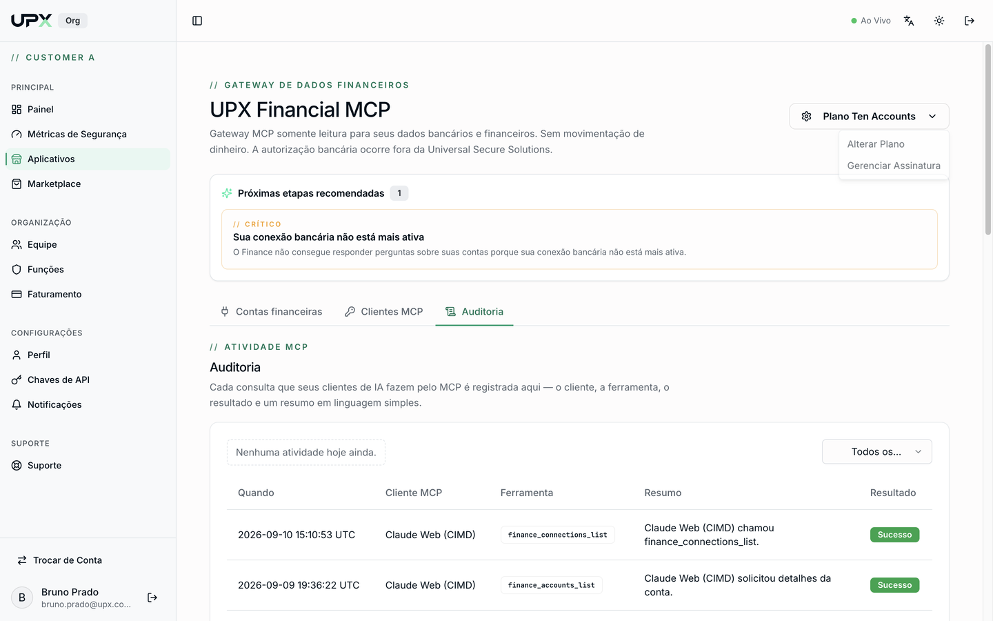Menu do plano com Alterar Plano e Gerenciar Assinatura