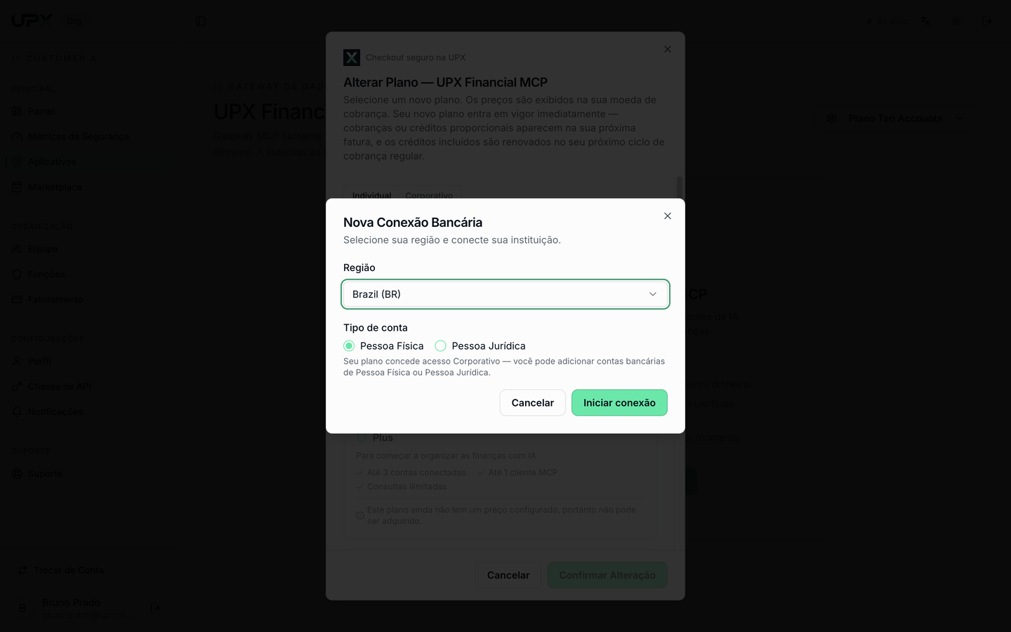 Janela Alterar Plano com os planos disponíveis