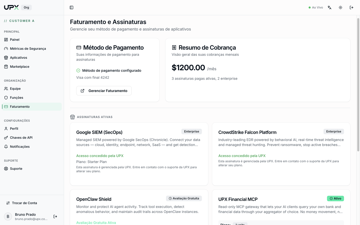 Página Faturamento com método de pagamento e assinaturas ativas