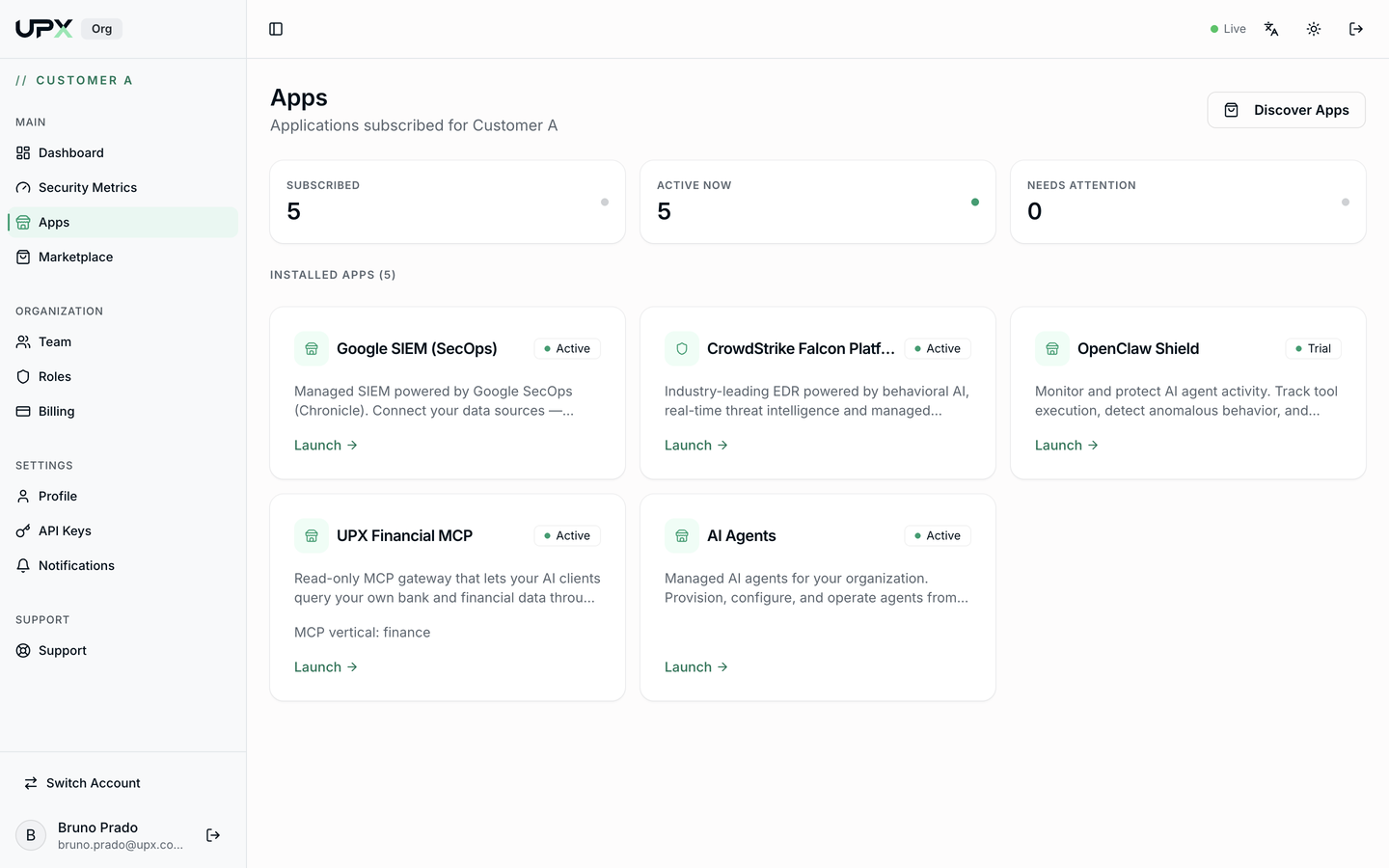 Subscribed apps list with the UPX Financial MCP card