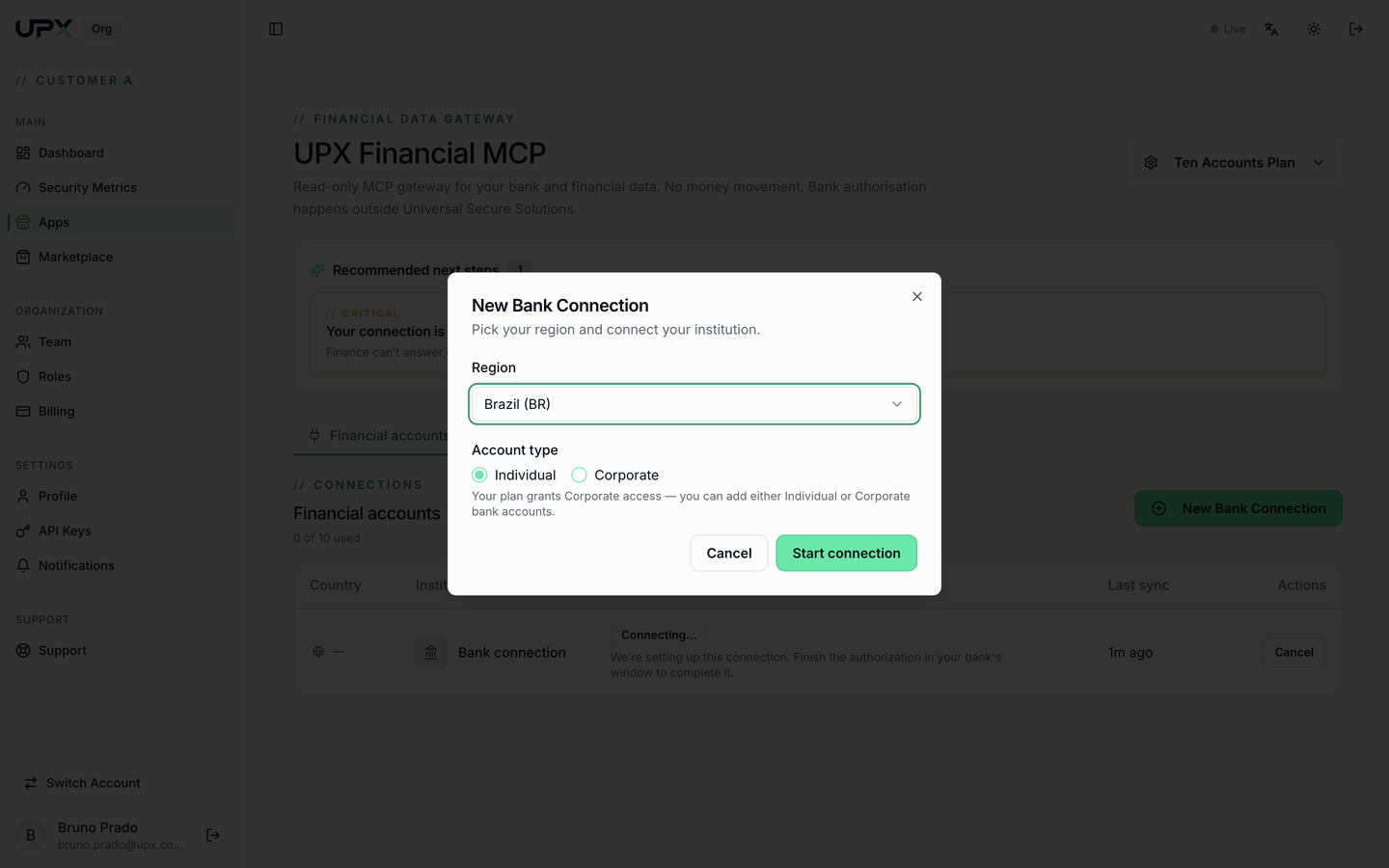 New Bank Connection dialog with region and account type