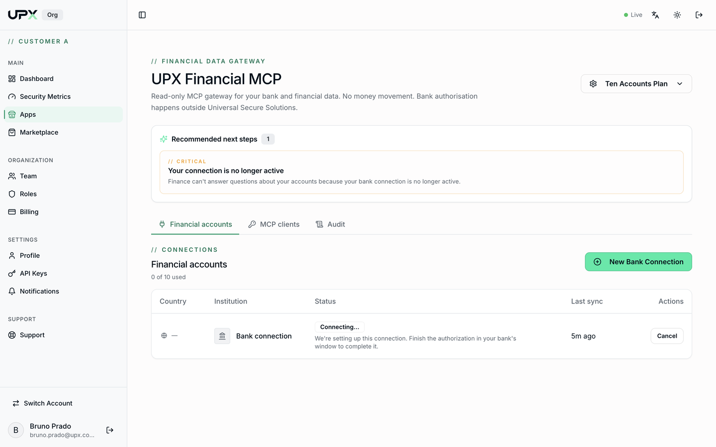 Financial accounts tab with the connections table