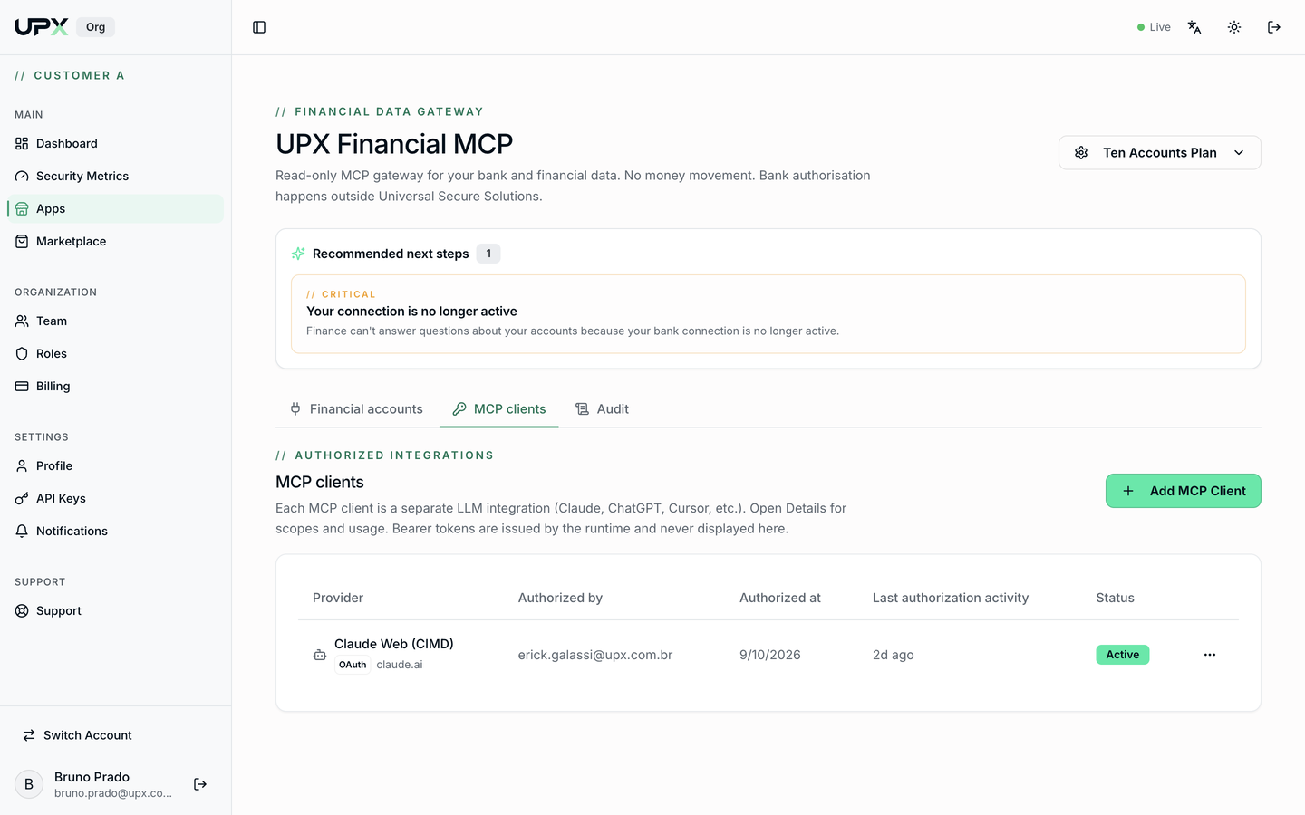MCP clients tab with an authorized Claude client