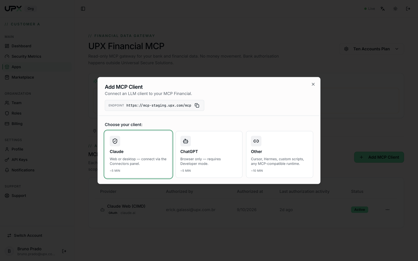 Add MCP Client dialog with Claude, ChatGPT, and Other