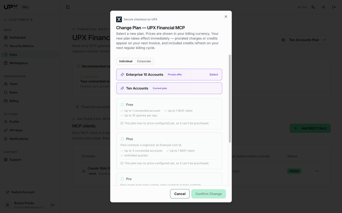 Change Plan dialog with the available plans