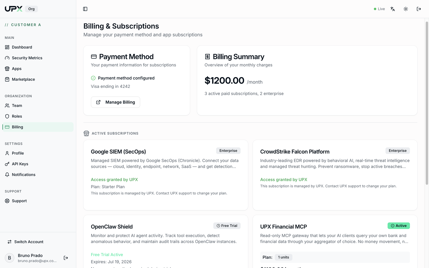 Billing page with payment method and active subscriptions